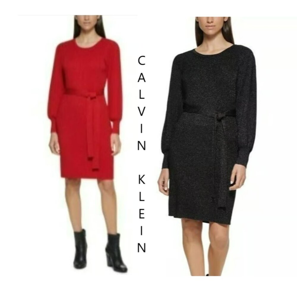 CALVIN KLEIN Metallic Tie-Waist Sweater Dress, New w Tags, Size Large